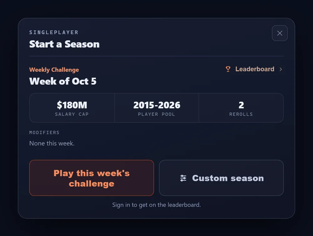 Start a Season: this week's salary cap, player pool and rerolls, with the challenge and Custom season buttons